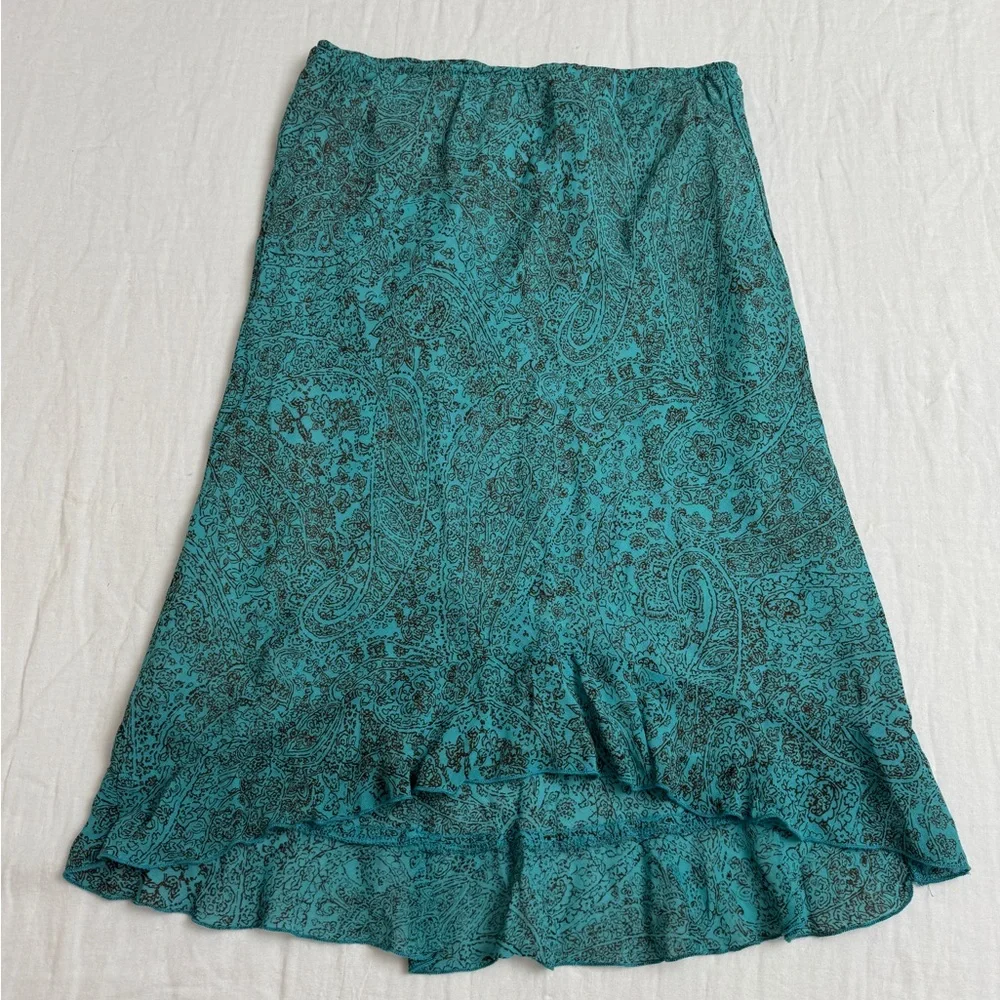Vintage Y2K 90’s Asymmetrical Ruffle Hem Lapis Blue Floral Print Skirt Size M